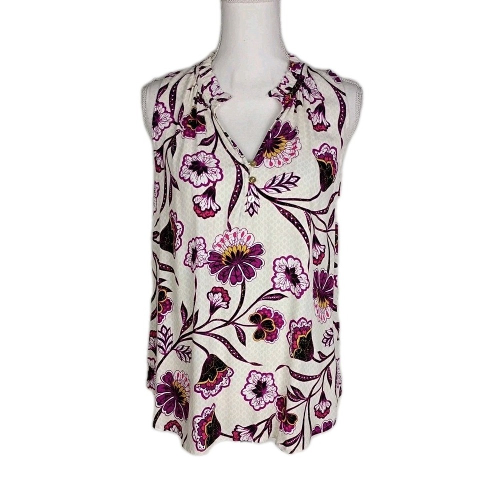 Loft‎ Women's White Pink Floral Tiered Ruffle Tank Top Blouse S